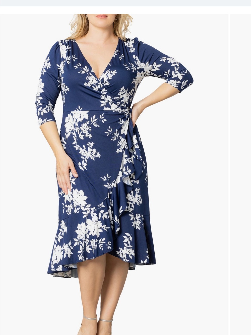 Kiyonna Navy and White Floral Wrap Midi Dress